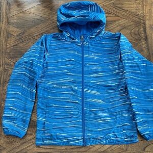 Columbia Kids Blue Striped Hooded Reversible Jacket, Pockets, Size L (14-16)